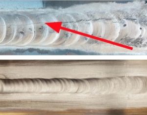 Figure 2. Examples of TIG welded joints: welding of 7075 aluminum with conventional welding wire (top) shows hot cracking, while welding of 7075 aluminum with nanotechnology-enhanced welding wire (bottom) shows no visible or micro-cracking of the joint.