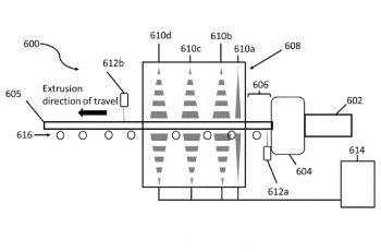 An embodied system for quenching an extruded profile with an atomizing spray (Figure 6 in the Tesla patent).