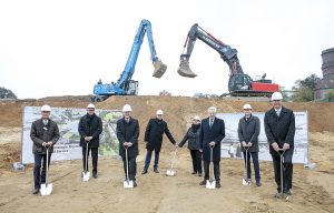 Groundbreaking ceremony for the new SMS Campus in Germany (L-R): Torsten Heising, CFO, SMS group; Holger P. Hartmann, architect and general planner; Hans Wilhelm Reiners, mayor of Mönchengladbach; Peter Peskes and Elke Paul, city works council chairpersons; Heinrich Weiss, chairman of the shareholders' committee of SMS Holding GmbH; Marco Kubiak, project manager; and Burkhard Dahmen, CEO, SMS group.