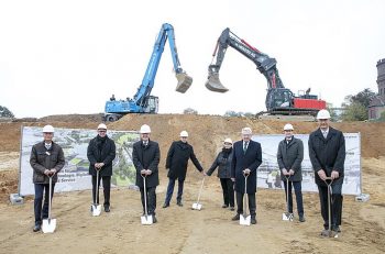 Groundbreaking ceremony for the new SMS Campus in Germany (L-R): Torsten Heising, CFO, SMS group; Holger P. Hartmann, architect and general planner; Hans Wilhelm Reiners, mayor of Mönchengladbach; Peter Peskes and Elke Paul, city works council chairpersons; Heinrich Weiss, chairman of the shareholders' committee of SMS Holding GmbH; Marco Kubiak, project manager; and Burkhard Dahmen, CEO, SMS group.