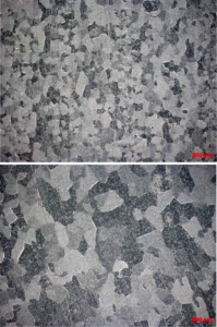 Figure 2. Top image shows a very fine grained microstructure and the image in the bottom a very coarse grained one—both found on the same aluminum part made of EN AW 6061 aluminum alloy.