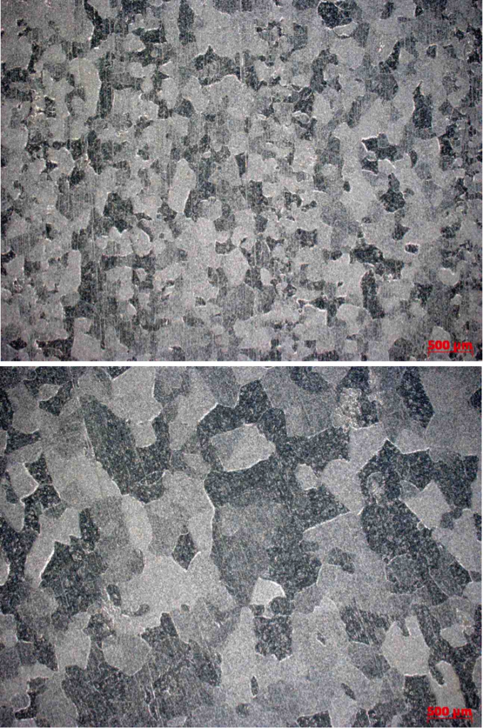 Figure 2. Top image shows a very fine grained microstructure and the image in the bottom a very coarse grained one—both found on the same aluminum part made of EN AW 6061 aluminum alloy.