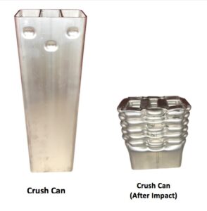 Figure 5. Aluminum extruded crush can before and after it is crushed, showing the optimal folding of the metal in order to absorb energy. (Source: AEC.)