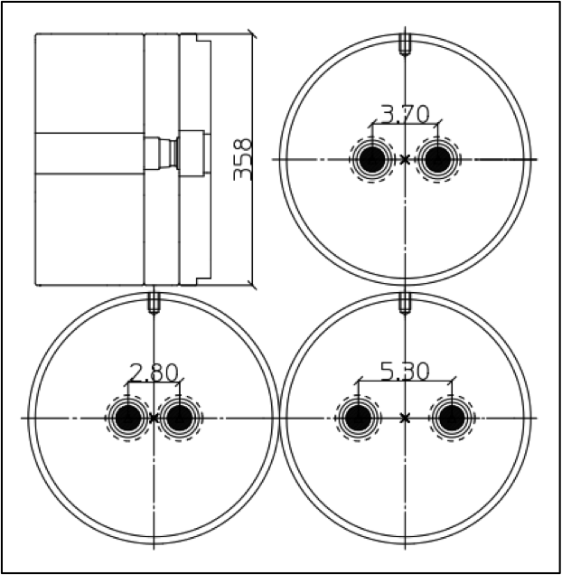 Figure 3. The die designs used in this case study, showing the front and vertical cutaway-section views (values in inches). The three designs vary only in the mutual distance between the two exits (3.700 inches, 2.800 inches, and 5.300 inches).