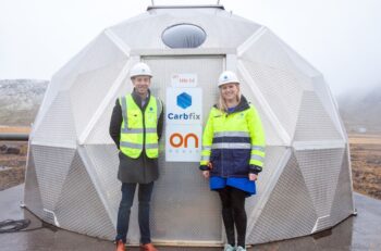 Rio Tinto-Carbfix-Carbfix CEO Edda Sif Aradottir and Rio Tinto Aluminium Chief Executive Ivan Vella at Carbfix facilities.