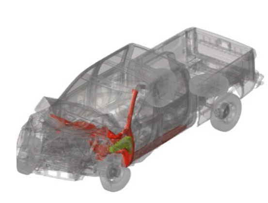 Figure 3. Full-vehicle FEA crash simulation results for the 2014 Chevy Silverado model using UDU technology. 