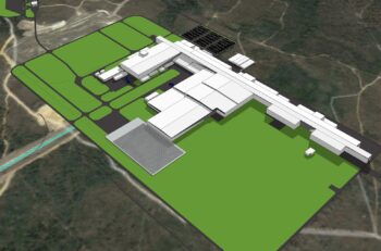 Rendering of Novelis' planned, brand new fully integrated aluminum recycling and rolling mill in Bay Minette, Alabama, USA.