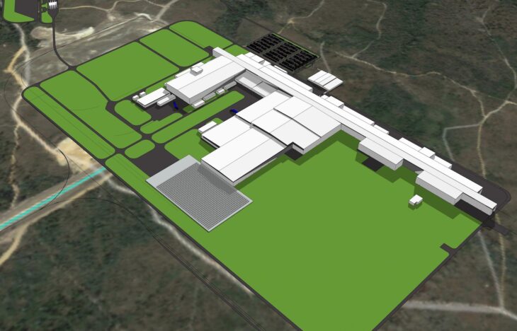 Rendering of Novelis' planned, brand new fully integrated aluminum recycling and rolling mill in Bay Minette, Alabama, USA.