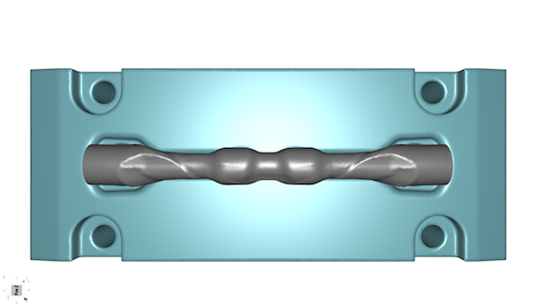 Figure 1. A simulation of the cross wedge rolling of aluminum preforms (top) and the final forging (bottom). (Source: Transvalor Americas Corp.)