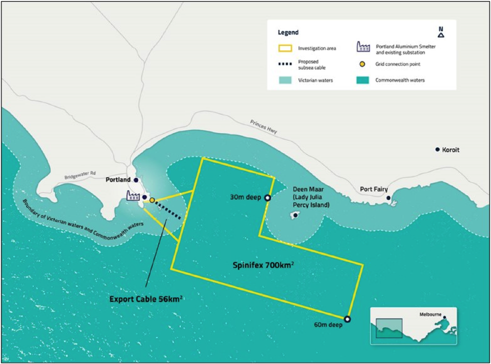 Figure 2. Proposed Spinifex offshore wind farm near the Alcoa Portland aluminum smelter. (Source: Spinifex.)
