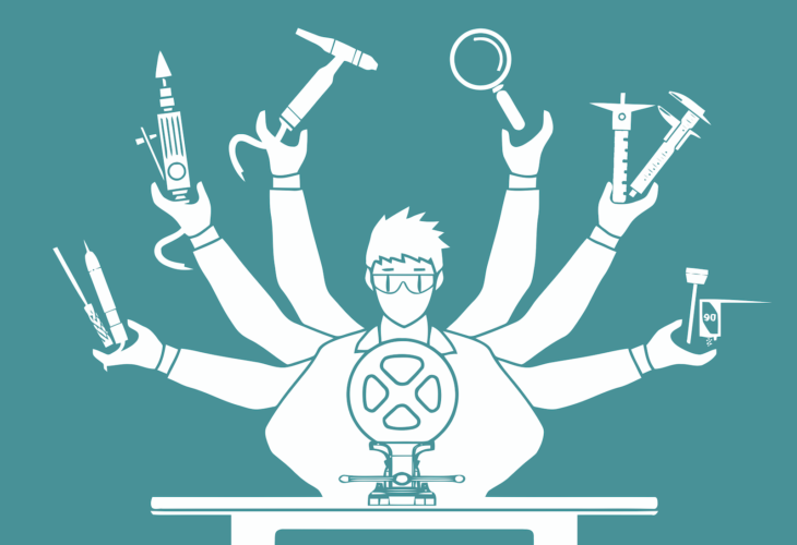 Drawing of a man with multi-arms and a different tool in each arm