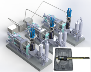 Figure 6. Cold chamber die casting machine equipped with MAXImolding. Magnesium chips are vacuumed in a tube and a pre-conditioned, semi-solid slurry is prepared in the vertical reactor, dosed in front of a plunger, and finally injected into a mold. Note that the system is completely enclosed, no outside air can enter the system. Part wall thickness is 0.69 mm.