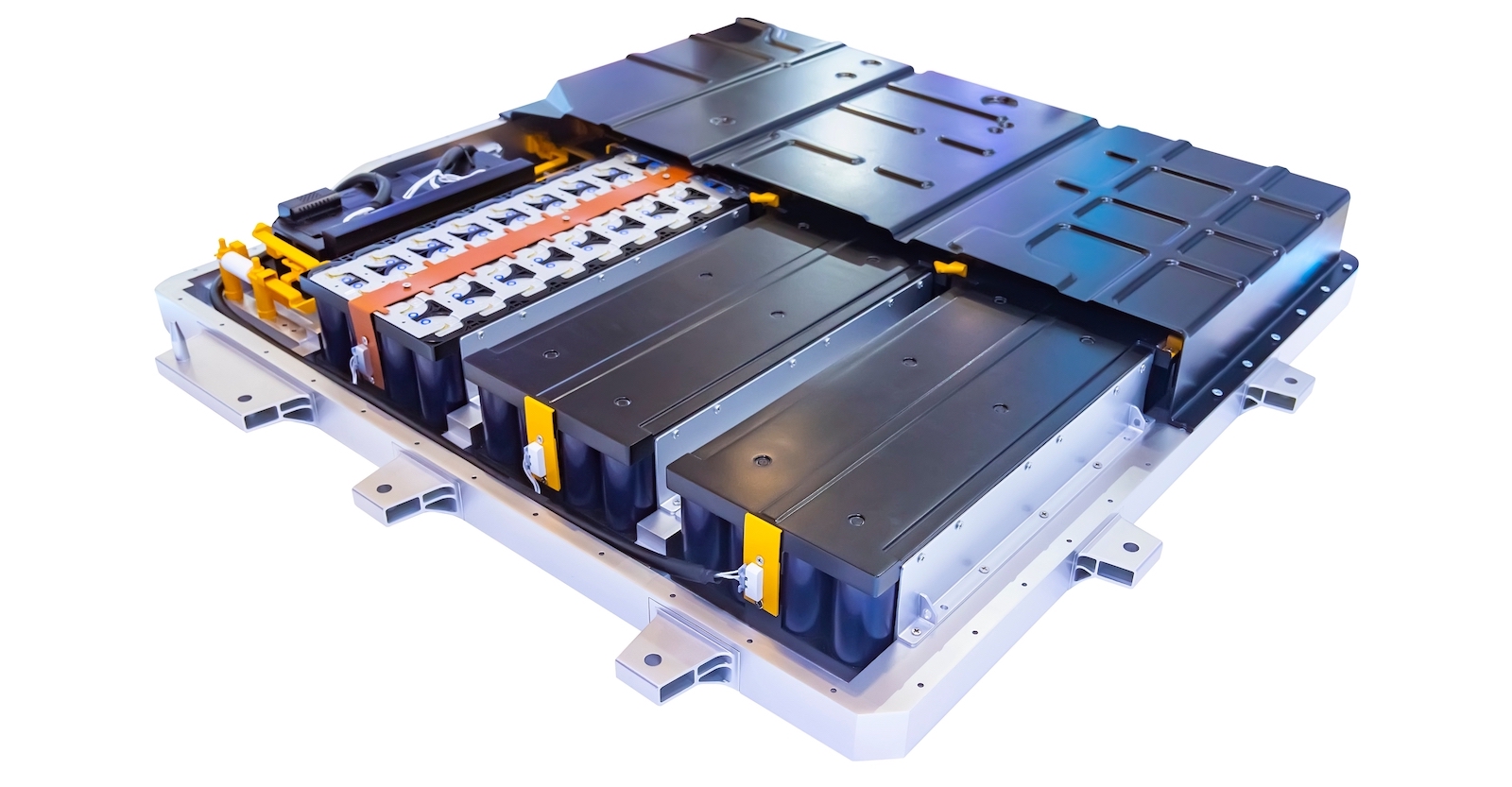 Electric car lithium battery pack and power connections isolated on white background