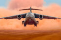 View of a large plane coming in for a landing.