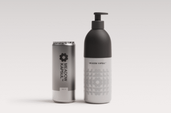 Two aluminum cans — one beverage and one pump for soap