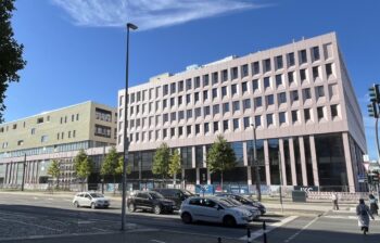 A building with an anodized aluminum facade.
