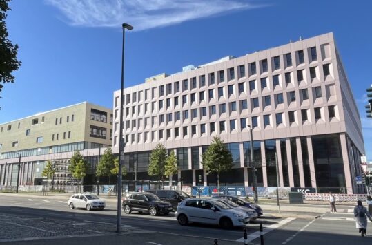 A building with an anodized aluminum facade.