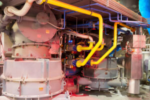 Large industrial aluminum melting furnace – close up view of the burner system