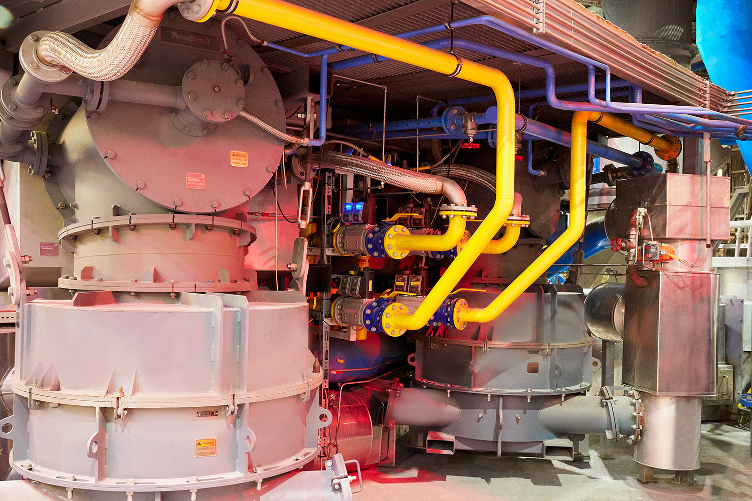 Large industrial aluminum melting furnace – close up view of the burner system