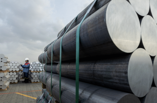 Stacks of aluminum billet, while a man stands inspecting them in the background.
