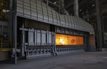 An industrial furnace, with an open door showing orange flames inside.