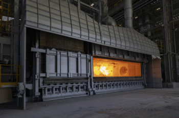 An industrial furnace, with an open door showing orange flames inside.