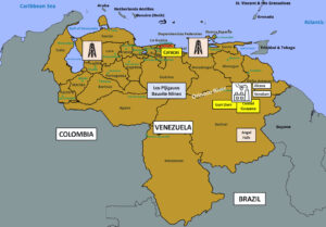 Map showing the locations of major cities, dams, and aluminum smelterrs in Venezuela.