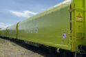 Neon green painted rail cars.