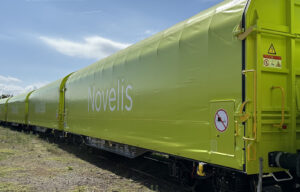Neon green painted rail cars.