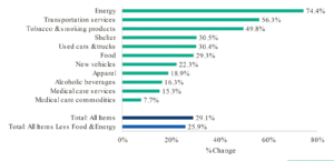 Chart showing the percentage of change in the consumer price index for select product categories, from highest to lowest, including Energ (74.4%), Transportation services (56.3%), Tobacco and smoking products (49.8%), Shelter (30.5%), Used cars and trucks (30.4%), Food (20.3%), New vehicles (22.3%), Apparel (18.9%), Alcoholic beverages (16.3%), Medical care services (15.3%), and Medical care commodities (7.7%). Total (all items) is 29.1% and total (all items less food and energy (25.9%).