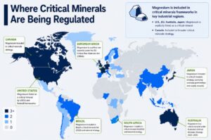 Map of the world showing where critical minerals are being regulated. A note in the top right corner reads, “Magnesium is included in critical minerals frameworks in key industrial regions. In the U.S., European Union, Australia, and Japan, magnesium is explicitly listed as a crucial mineral. In Canada, magnesium is included in broader critical minerals strategy.