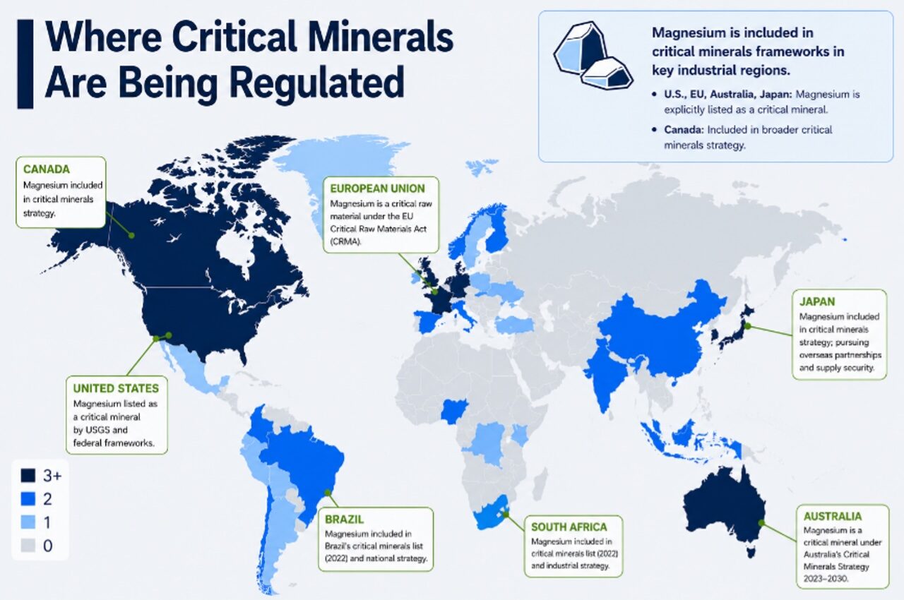 Map of the world showing where critical minerals are being regulated. A note in the top right corner reads, “Magnesium is included in critical minerals frameworks in key industrial regions. In the U.S., European Union, Australia, and Japan, magnesium is explicitly listed as a crucial mineral. In Canada, magnesium is included in broader critical minerals strategy.