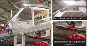 The bare aluminum cab of the Tesla Semi during manufacturing. Inserts show close ups of a die casting that joins the A-pillar and roof and a structural casting to support the cab floor.