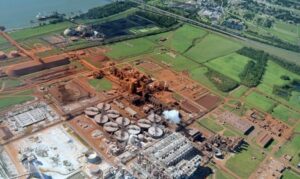 Aerial view of an alumina refinery with bauxite residue ponds.