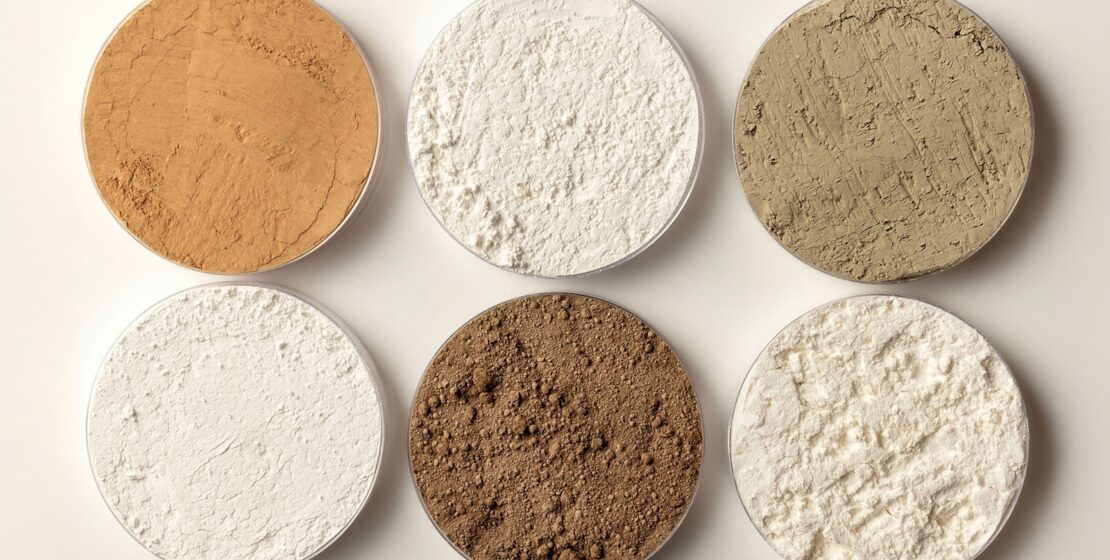 Photo of six pots of rare earth oxides in varying shades of powders.