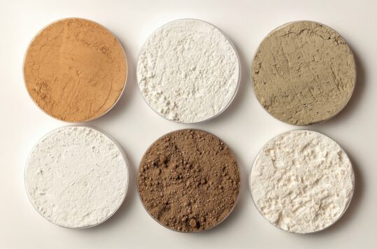 Photo of six pots of rare earth oxides in varying shades of powders.